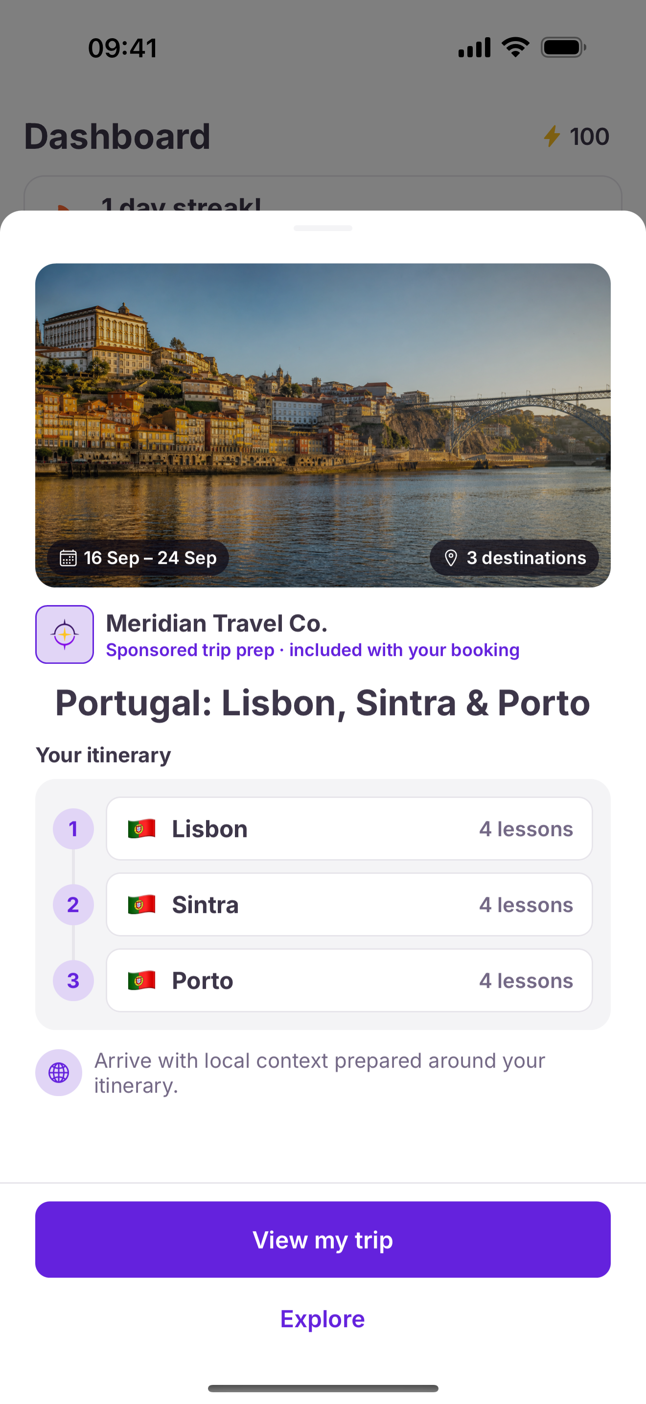 Meridian Travel Co. sponsored Portugal trip invitation