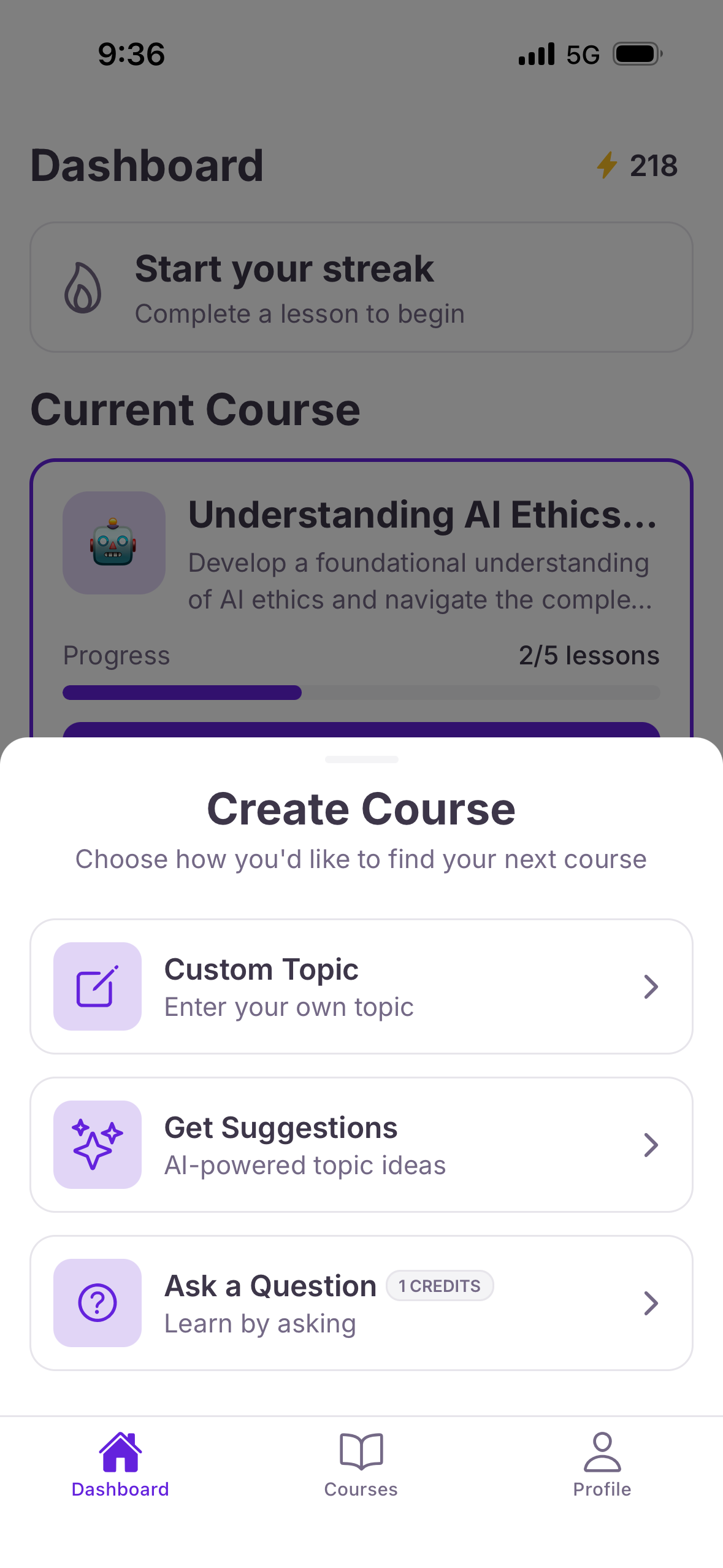 CurioVerse course creation screen showing three ways to start: custom topic, AI suggestions, or ask a question