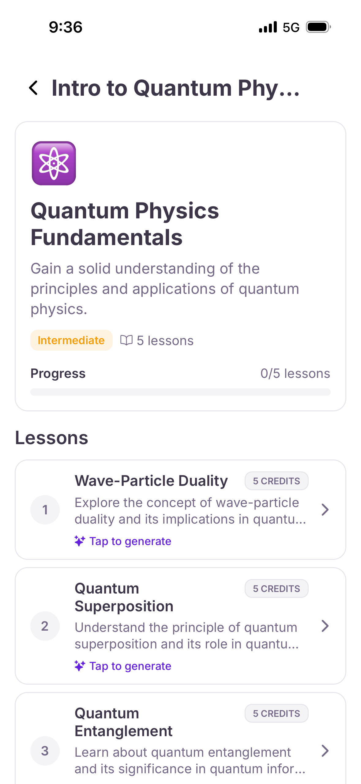 A generated CurioVerse course on Quantum Physics Fundamentals with a structured list of lessons