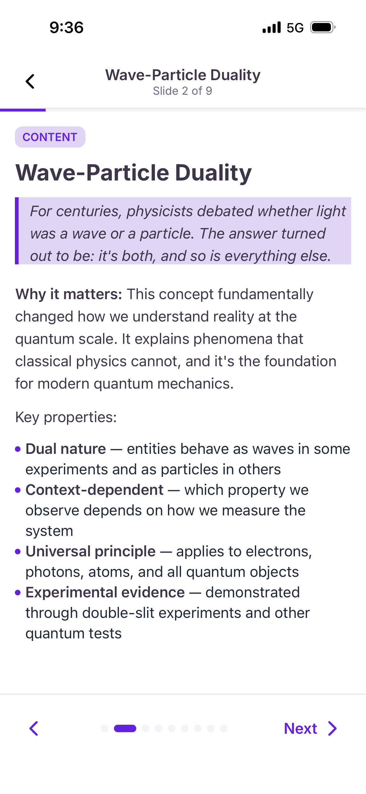 A CurioVerse lesson on Wave-Particle Duality showing bite-sized, readable lesson content