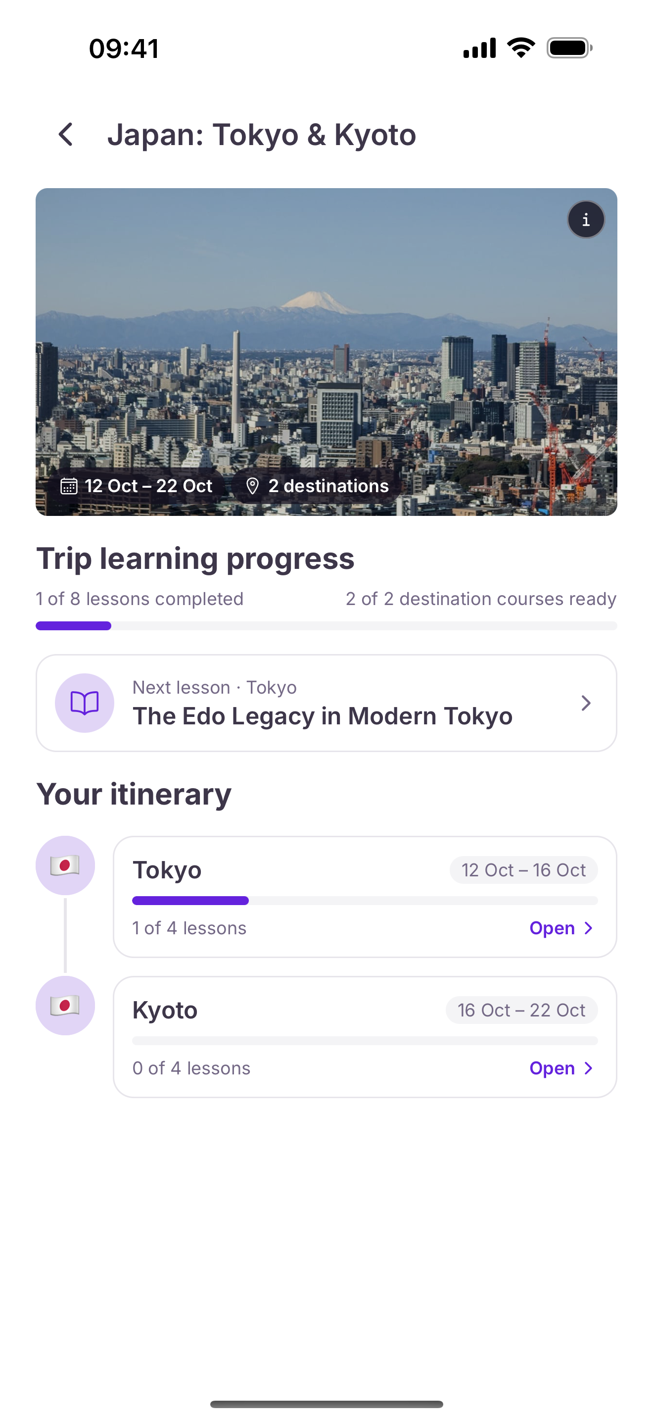 A CurioVerse trip with destination courses organized for each stop